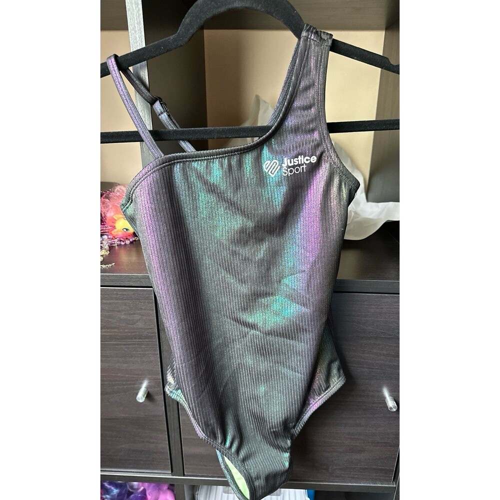 Justice JsPort 1pc Asym Shine Swimsuit Black and Purple Size Medium NWOT